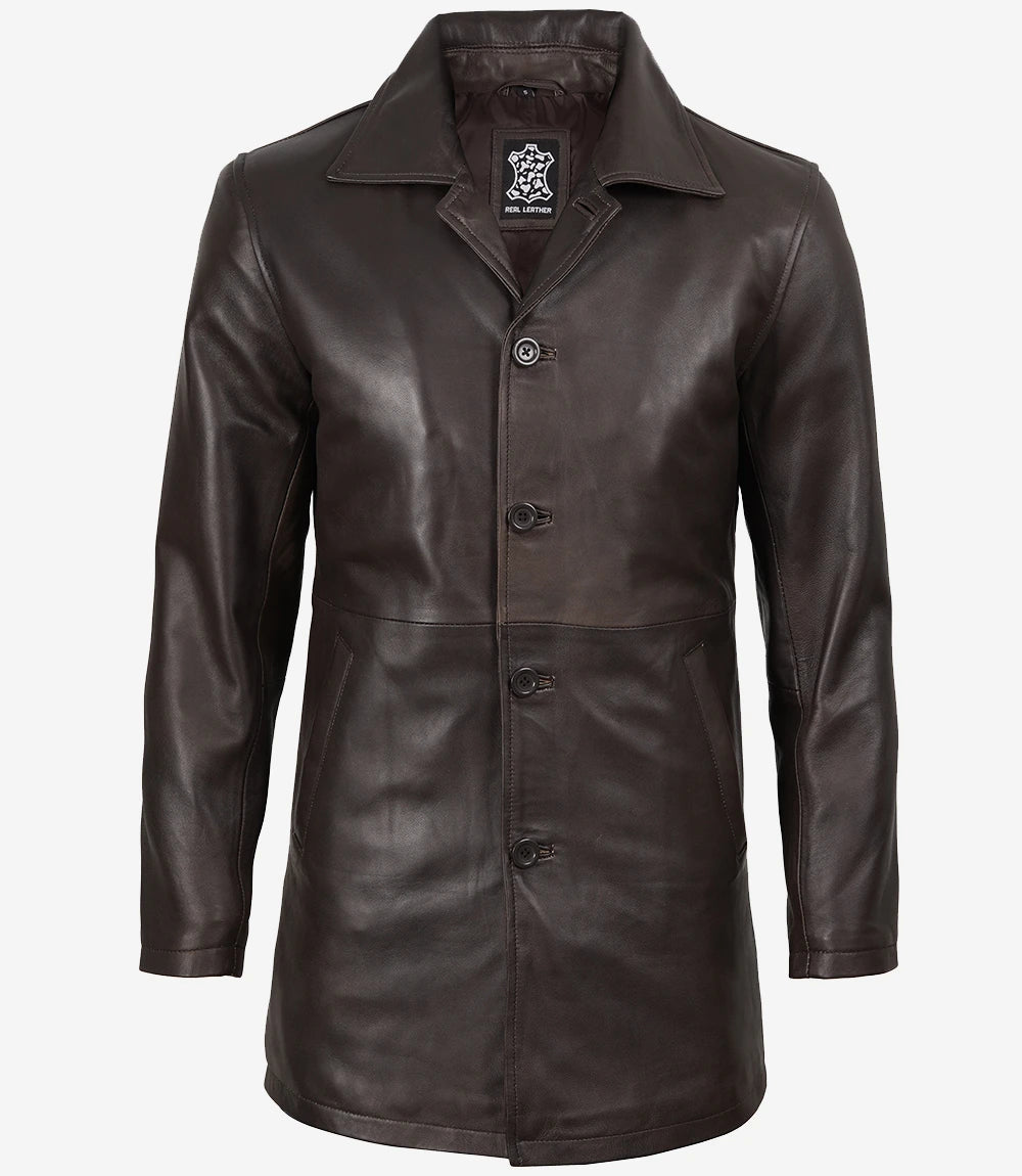 Manteau 3/4 en cuir véritable marron vieilli pour homme