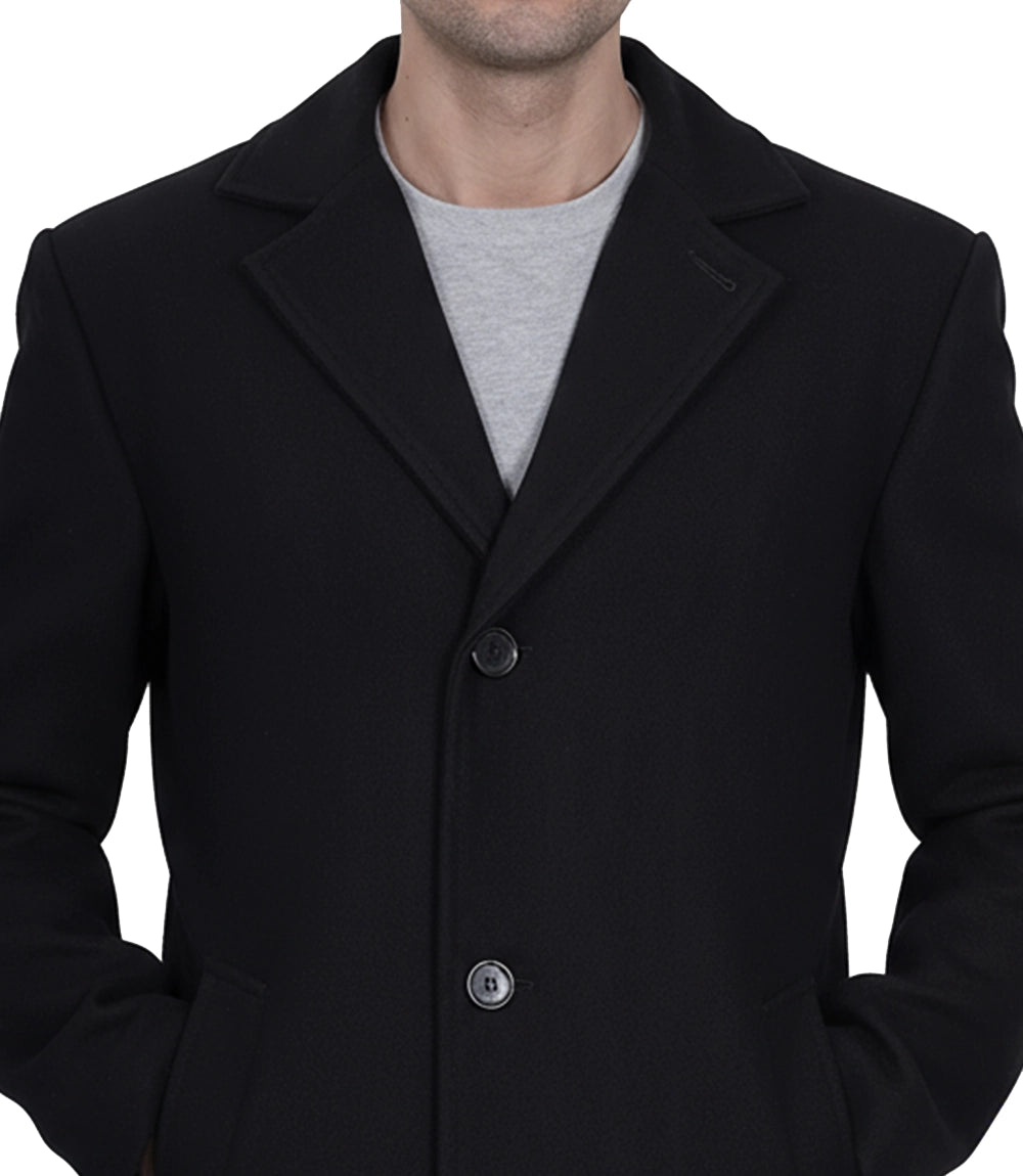 Manteau en laine noire à simple boutonnage pour homme – Coupe moderne