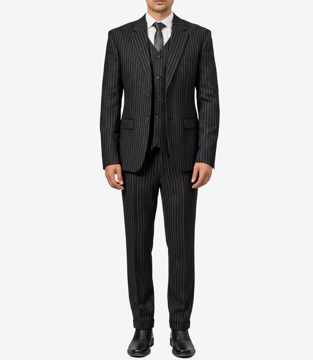 Costume trois pièces noir à rayures fines pour homme – Style gangster Shelby vintage