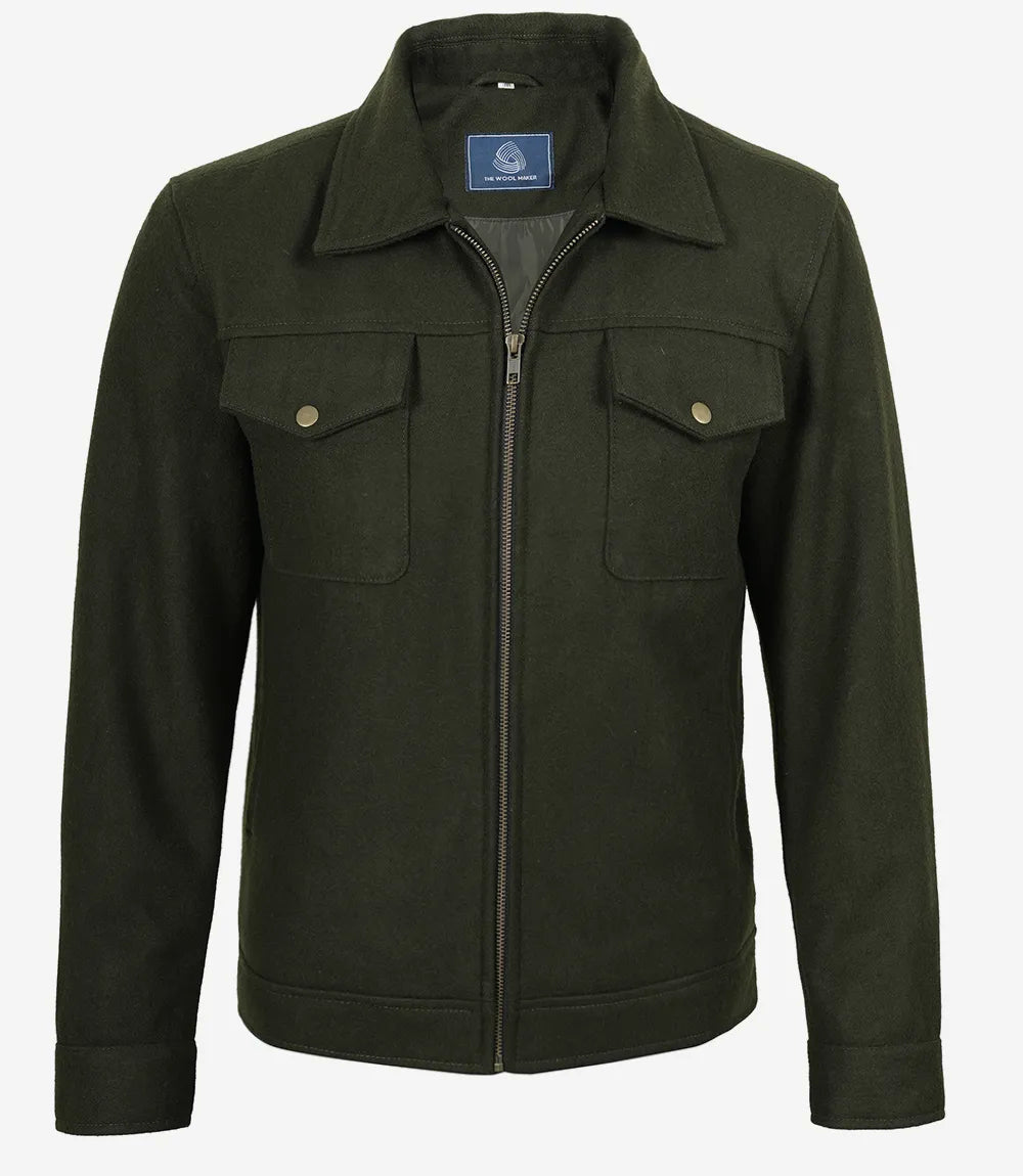 Veste utilitaire en laine vert olive pour homme – Fermeture zippée