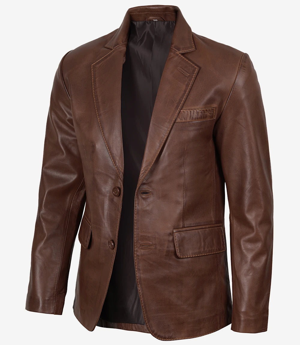 Blazer homme en cuir ciré cognac à deux boutons – Revers cranté