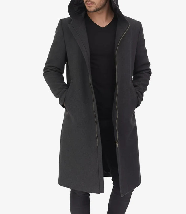 Men's Hooded Gray Wool Overcoat | Long Length Warm Winter Coat