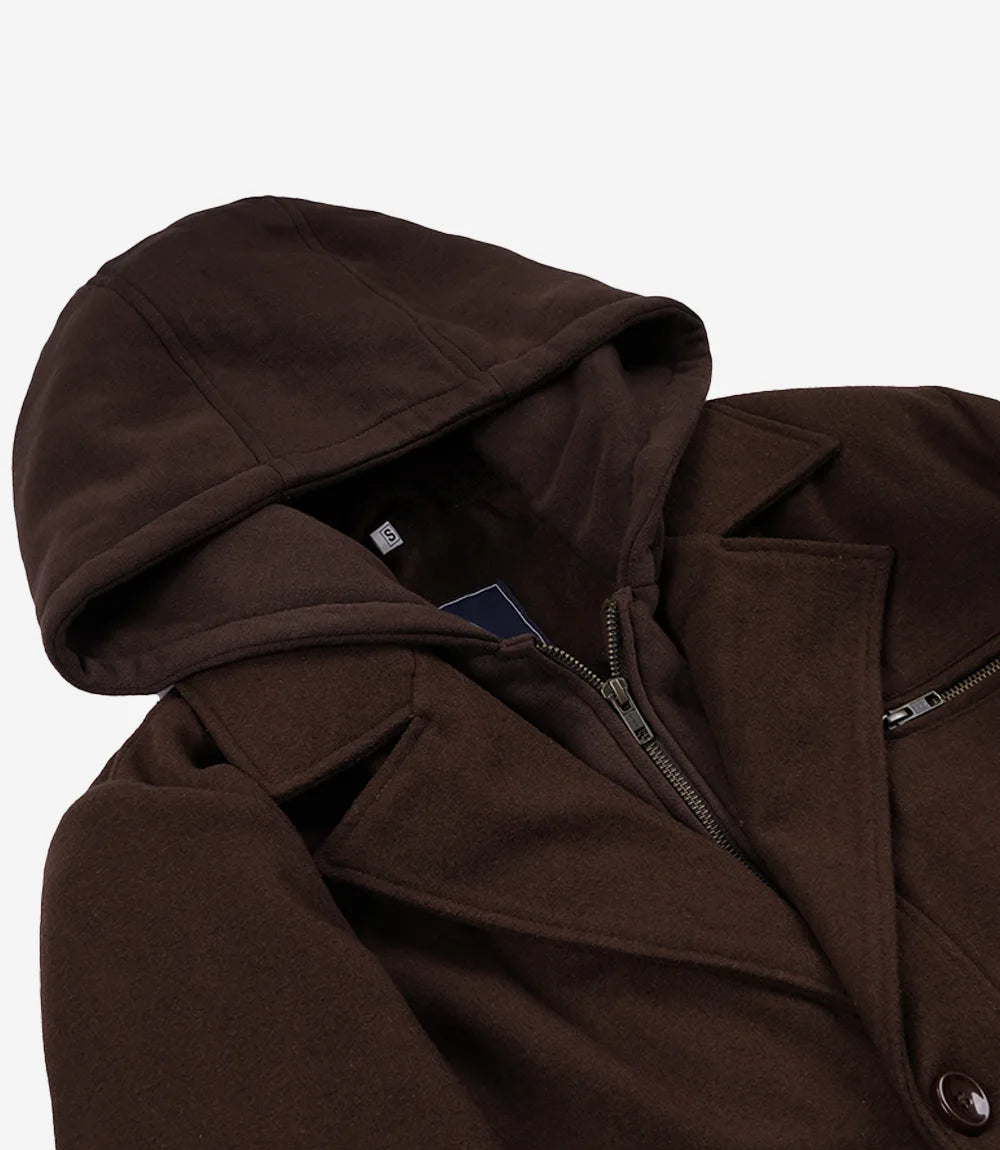 Men's Brown Wool Jacket – Removable Hood with Notch Lapel