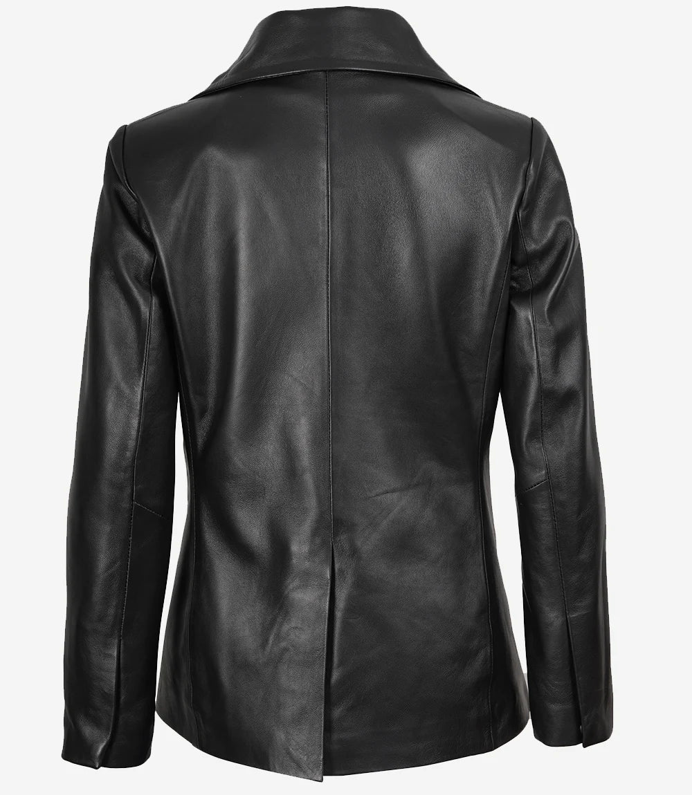 Manteau croisé en cuir noir pour femme avec col à revers crantés