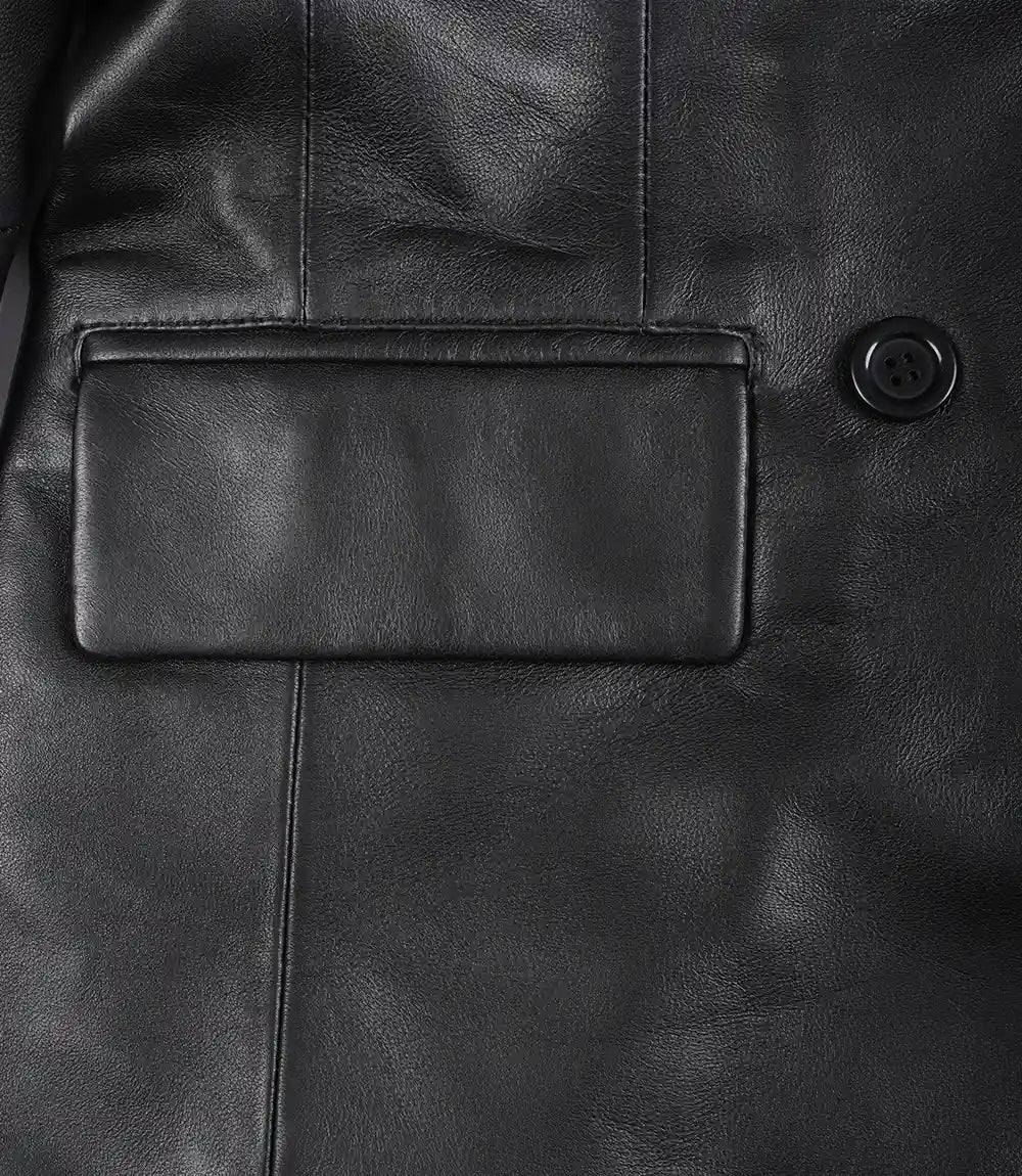 Manteau croisé en cuir noir pour femme avec col à revers crantés