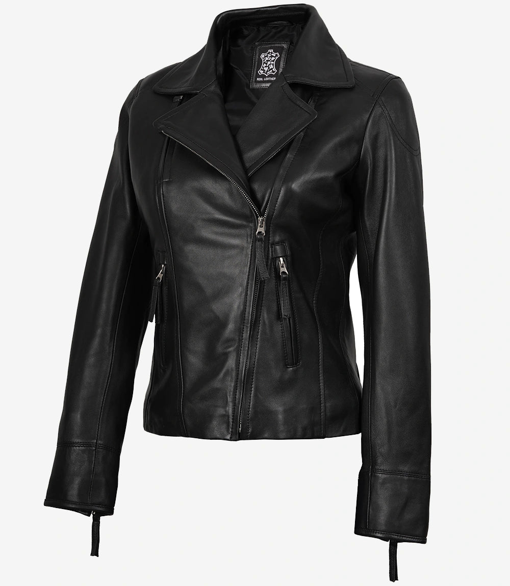 Veste de motard asymétrique en cuir noir pour femme Ramsey