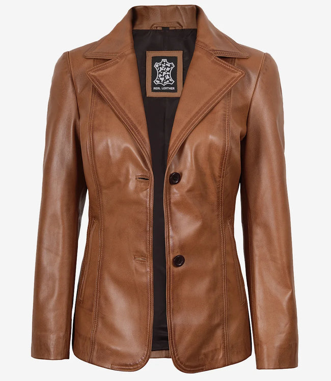 Blazer en cuir beige à deux boutons pour femme - Revers crantés