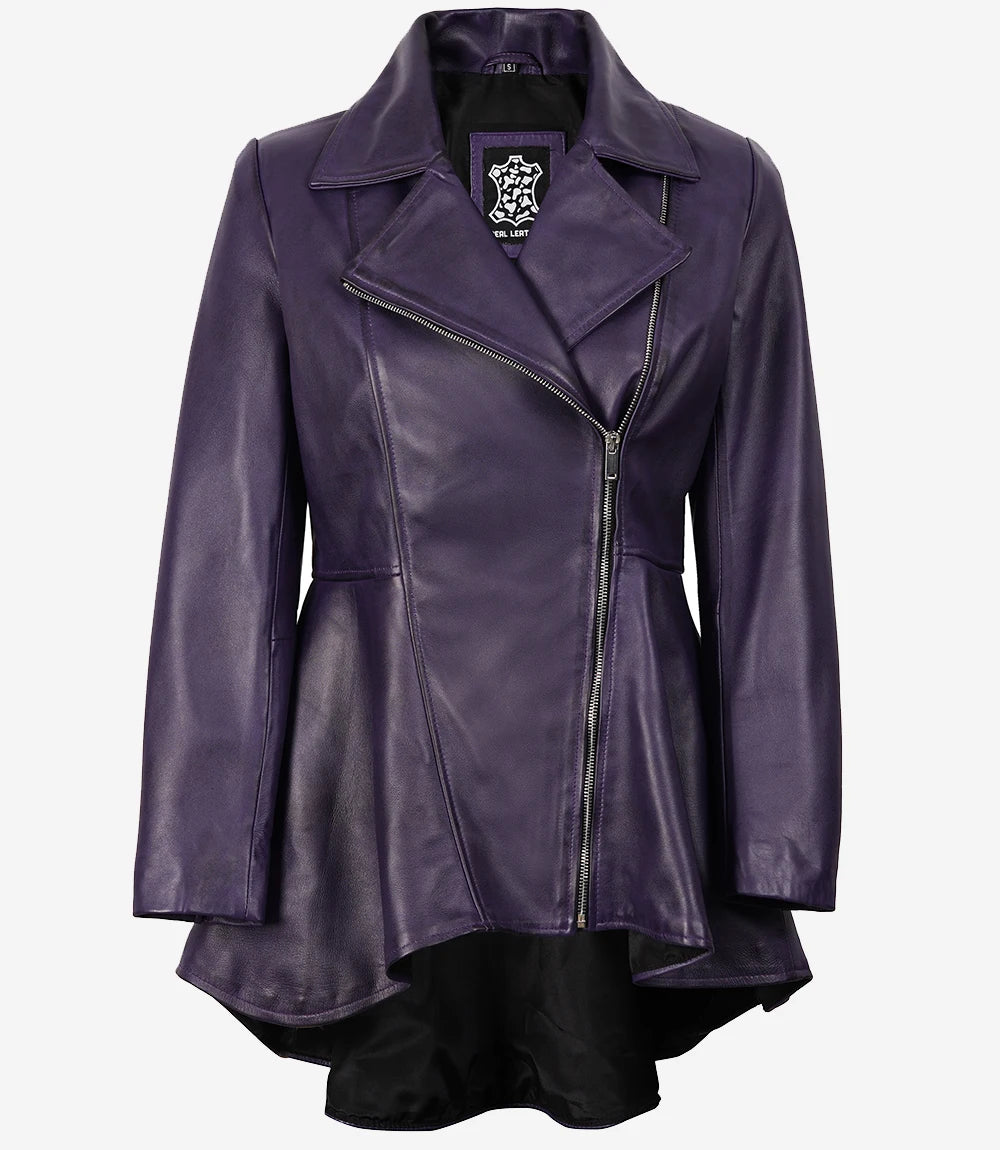 Veste péplum asymétrique en cuir violet pour femme
