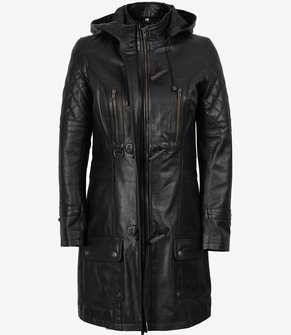 Manteau à capuche en cuir noir 3/4 pour femme