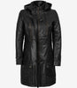 Manteau à capuche en cuir noir 3/4 pour femme
