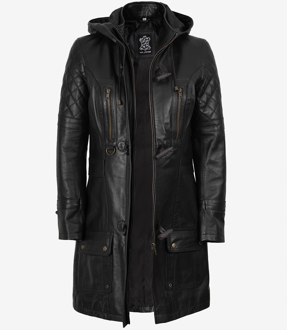 Manteau à capuche en cuir noir 3/4 pour femme