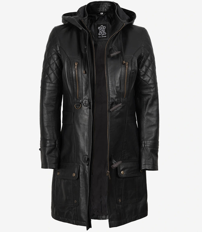 Manteau à capuche en cuir noir 3/4 pour femme