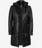 Manteau à capuche en cuir noir 3/4 pour femme