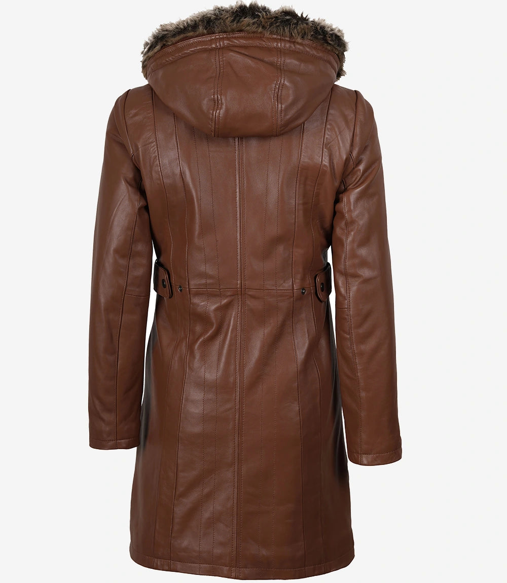 Manteau en cuir marron pour femme avec capuche amovible bordée de fourrure