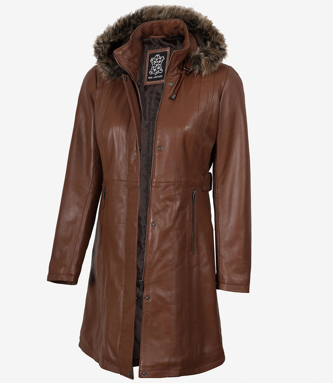 Manteau en cuir marron pour femme avec capuche amovible bordée de fourrure