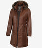 Manteau en cuir marron pour femme avec capuche amovible bordée de fourrure