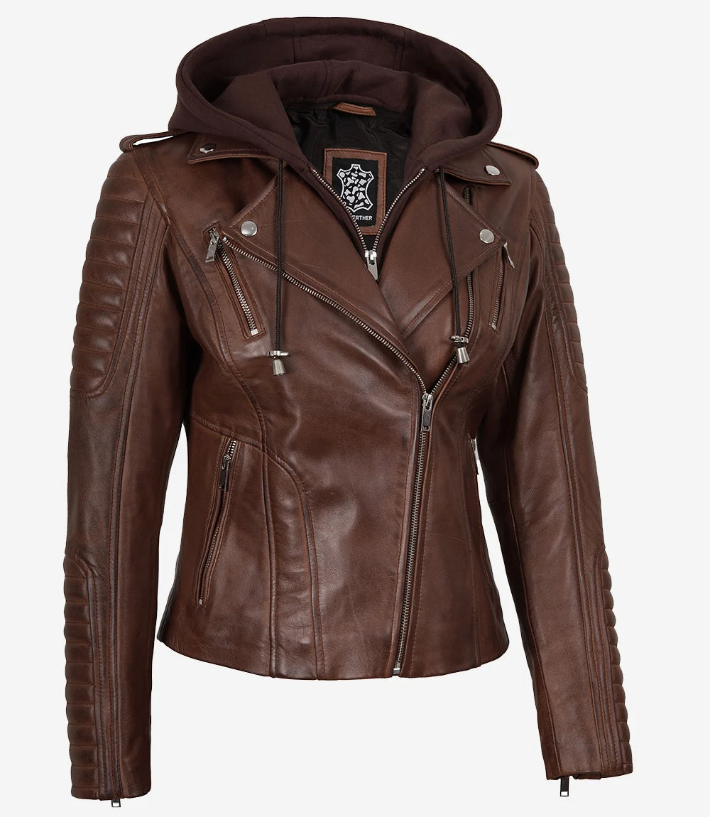 Veste en cuir style motard cognac pour femme avec capuche amovible