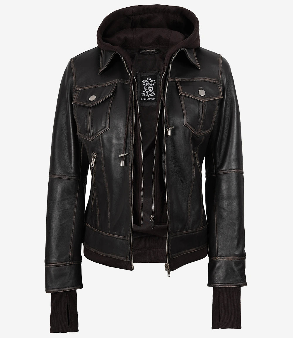 Blouson aviateur en cuir marron vieilli pour femme avec capuche amovible