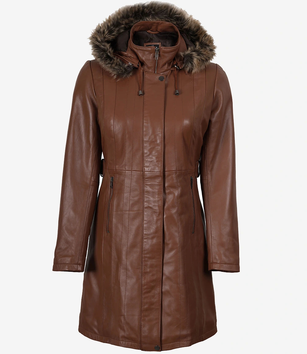 Manteau en cuir marron pour femme avec capuche amovible bordée de fourrure