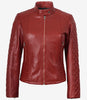 Veste motard matelassée rouge en cuir véritable pour femme