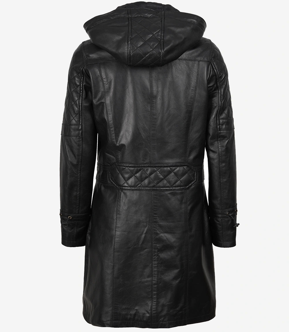 Manteau à capuche en cuir noir 3/4 pour femme