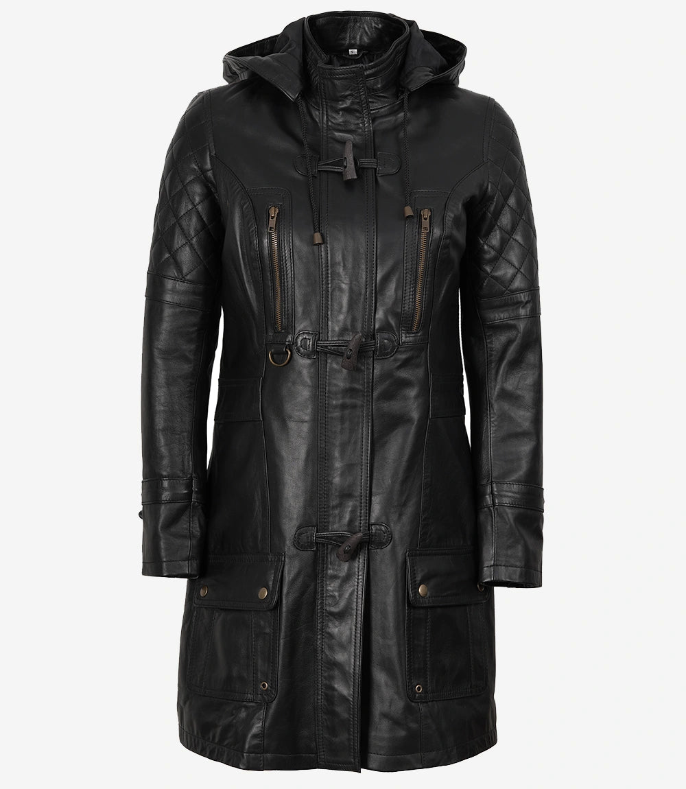 Manteau à capuche en cuir noir 3/4 pour femme