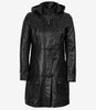 Manteau à capuche en cuir noir 3/4 pour femme