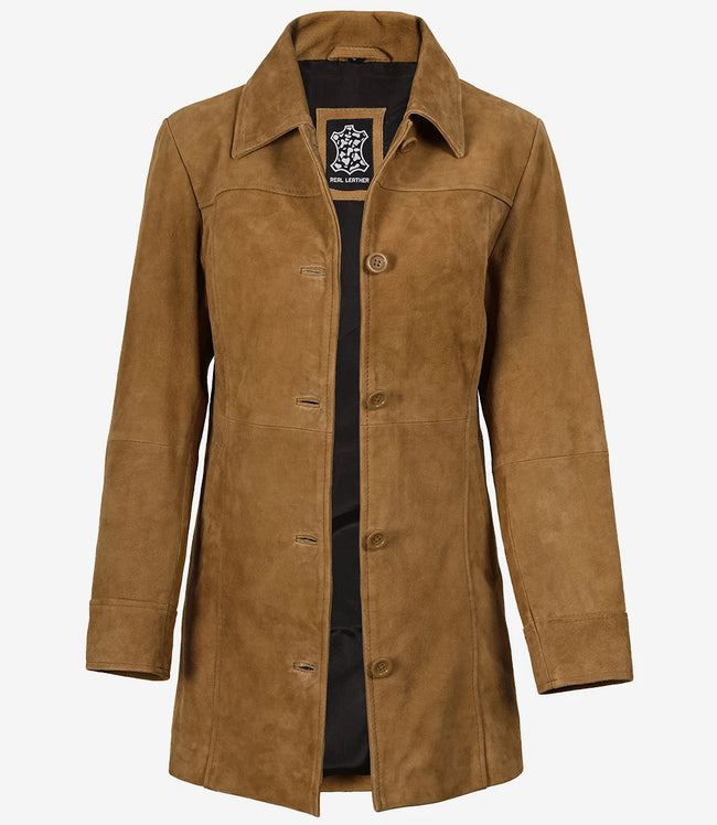 Manteau boutonné en daim marron pour femme, longueur 3/4