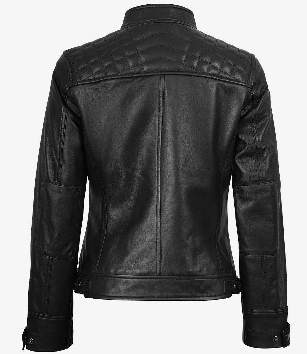 Veste en cuir matelassée noire style motard pour femme