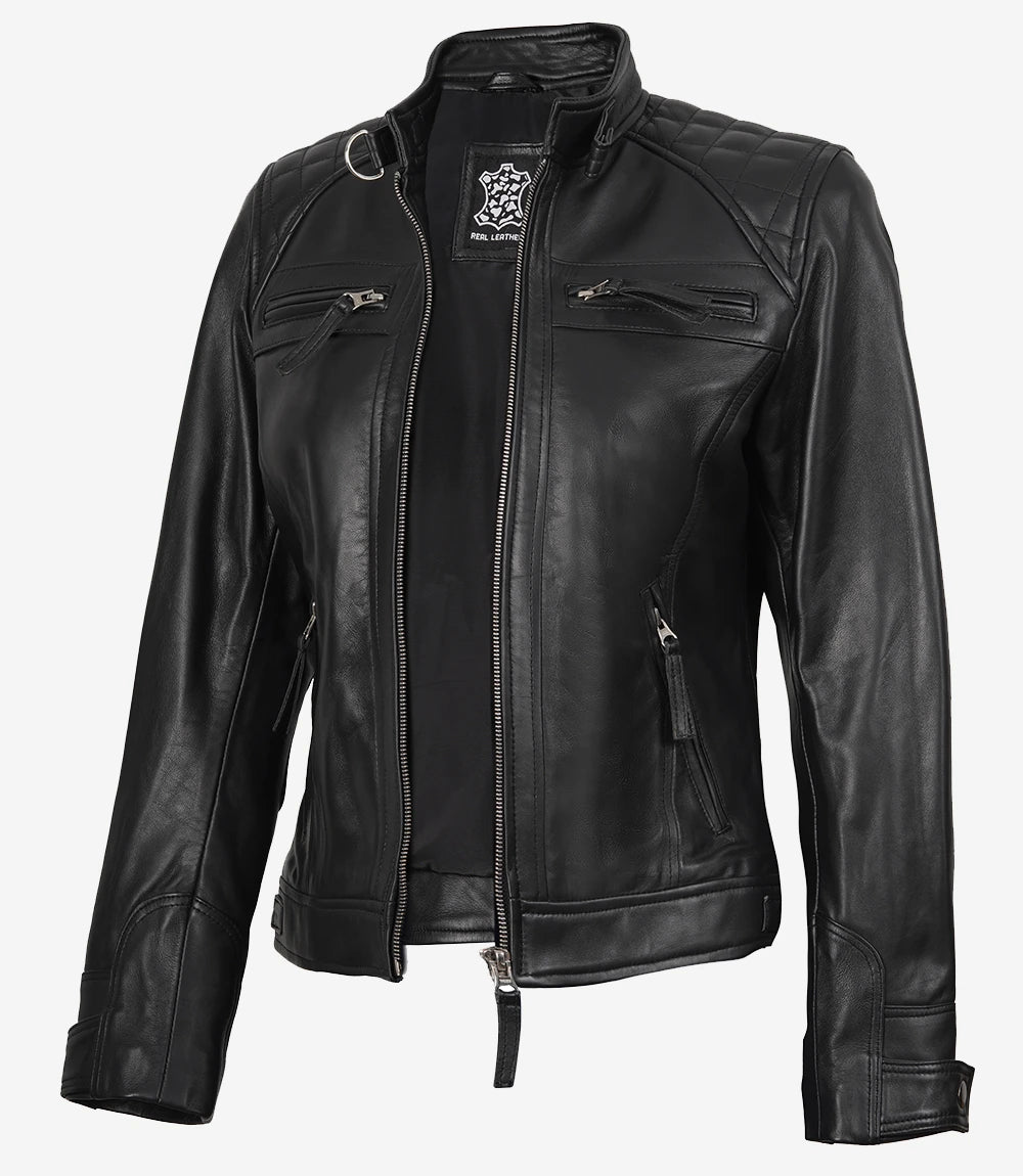 Veste en cuir matelassée noire style motard pour femme