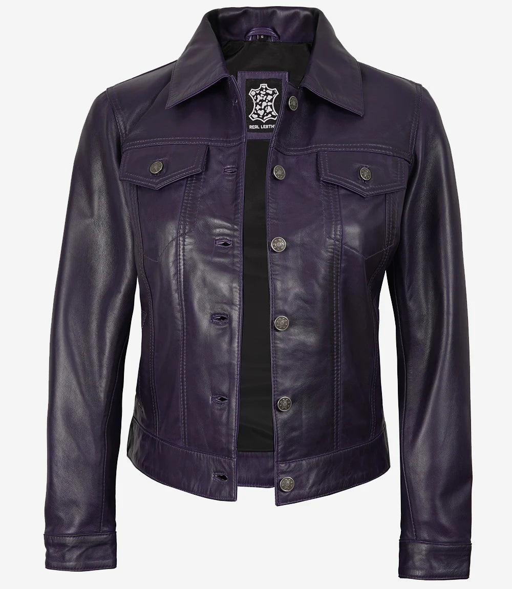 Veste de camionneur en cuir violet pour femme