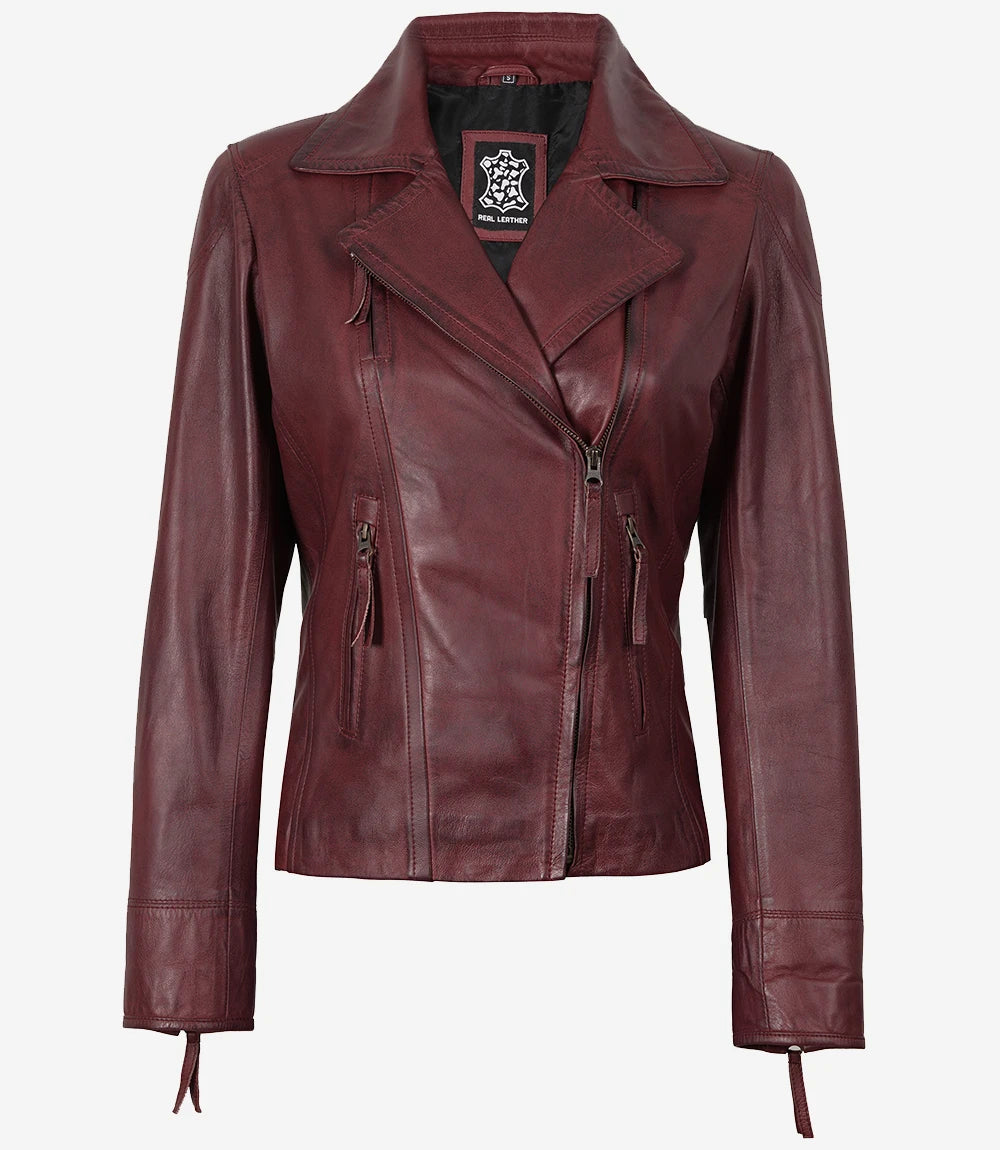 Veste motard bordeaux en cuir d'agneau véritable pour femme