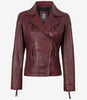 Veste motard bordeaux en cuir d'agneau véritable pour femme