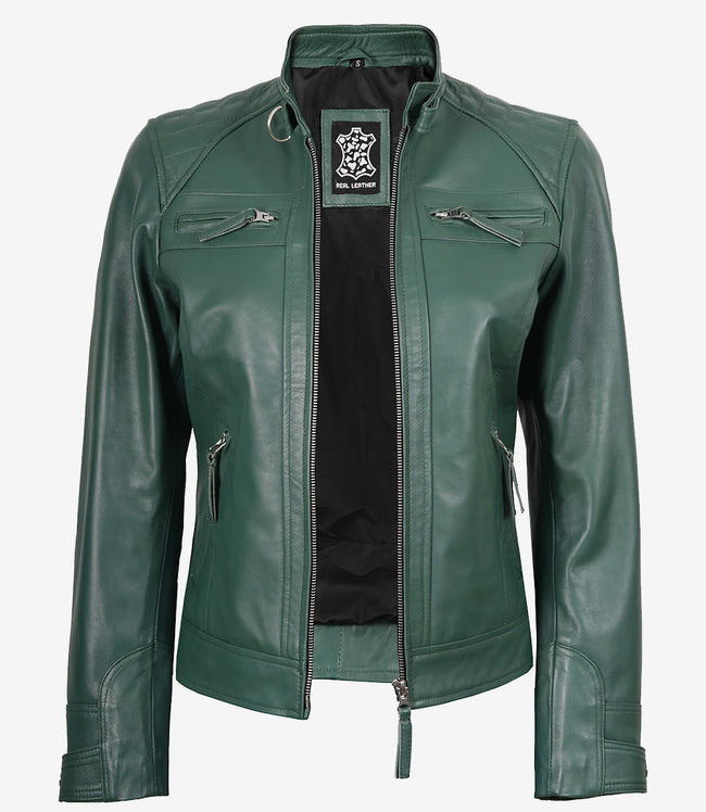 Veste motarde verte en cuir véritable pour femme - Épaules matelassées