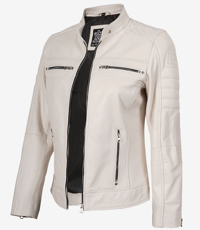Veste en cuir véritable pour femme, style motard, blanc cassé