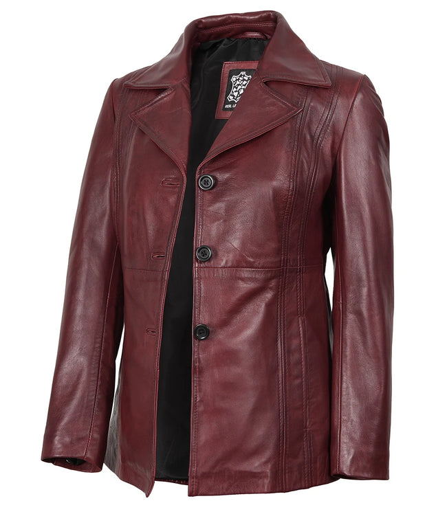 Blazer en cuir bordeaux à trois boutons pour femme