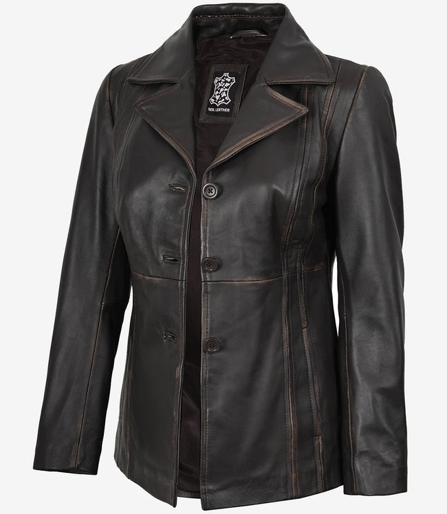 Blazer en cuir marron vieilli à trois boutons pour femme