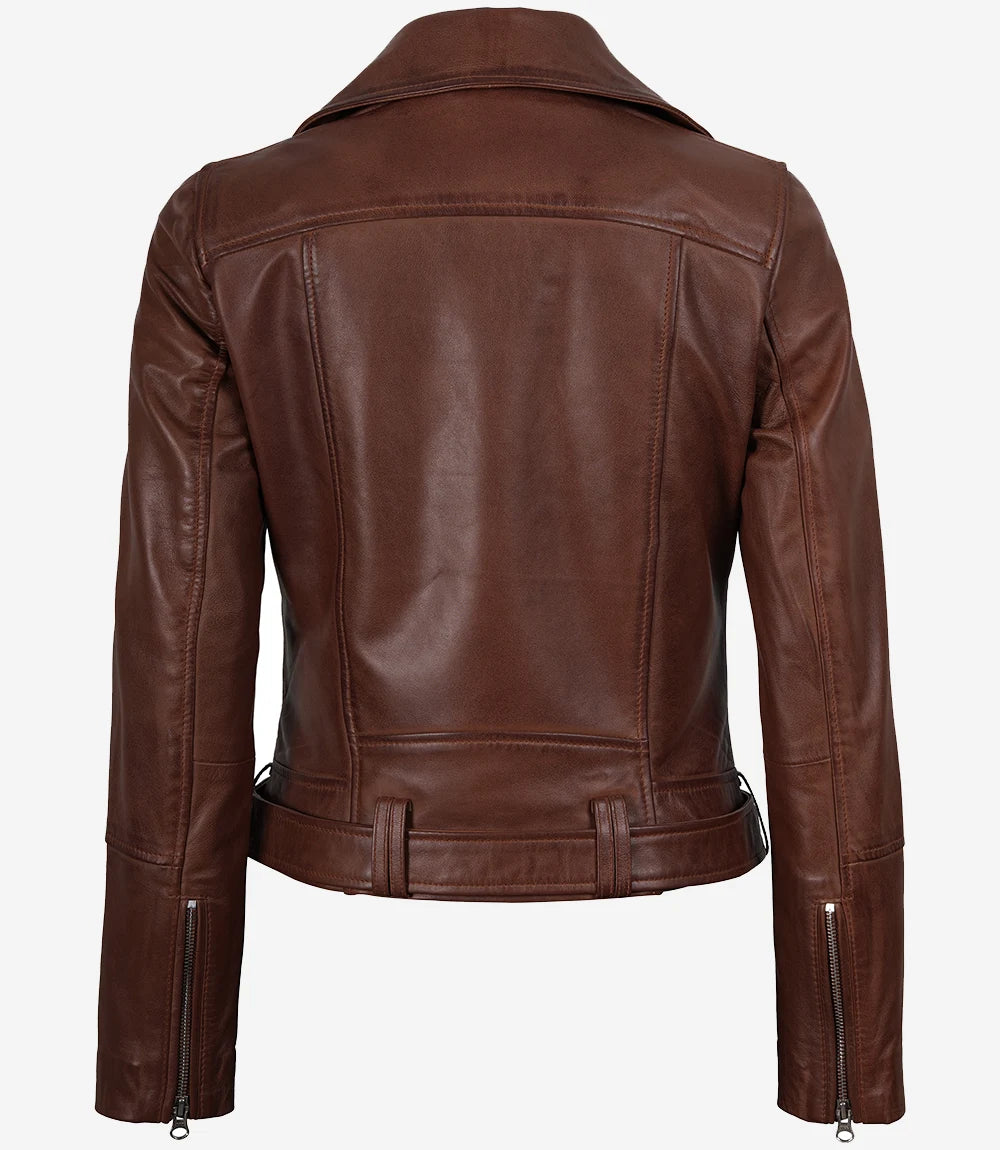 Veste asymétrique en cuir cognac pour femme - Ceinture à la taille