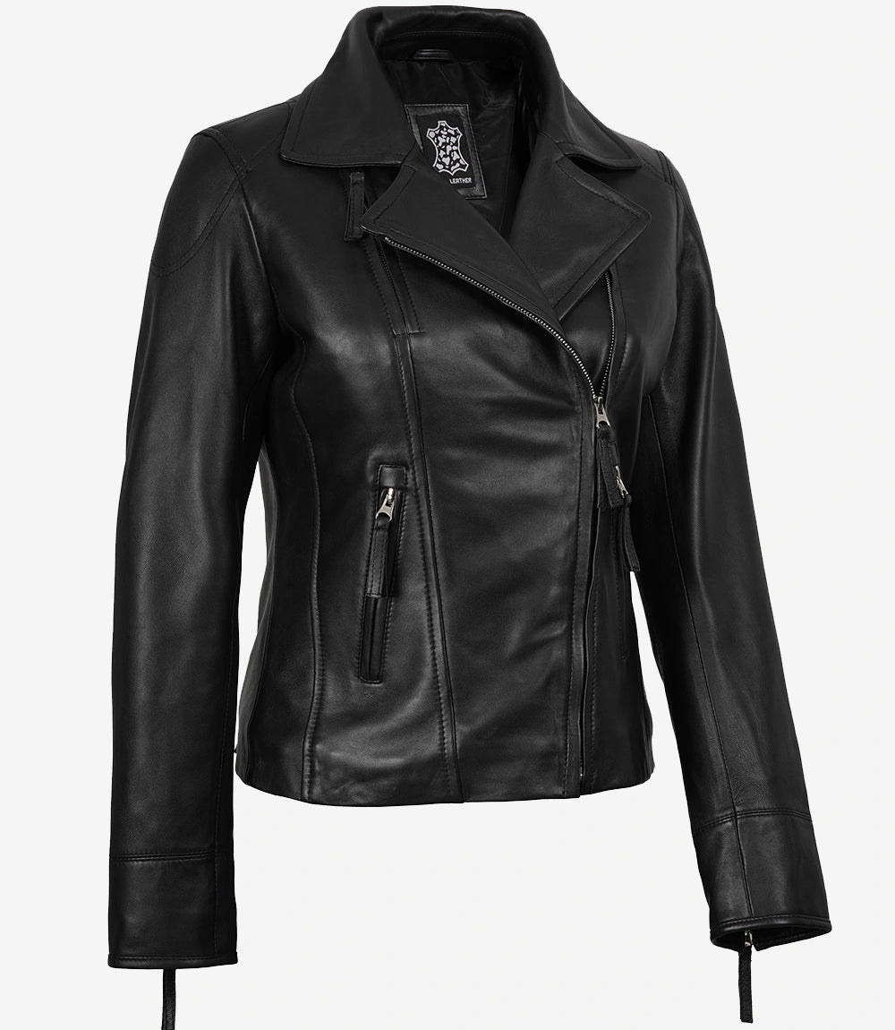Veste de motard asymétrique en cuir noir pour femme Ramsey
