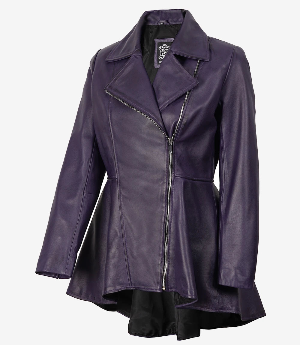 Veste péplum asymétrique en cuir violet pour femme