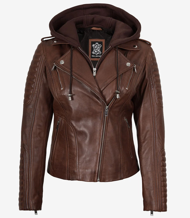 Veste en cuir style motard cognac pour femme avec capuche amovible