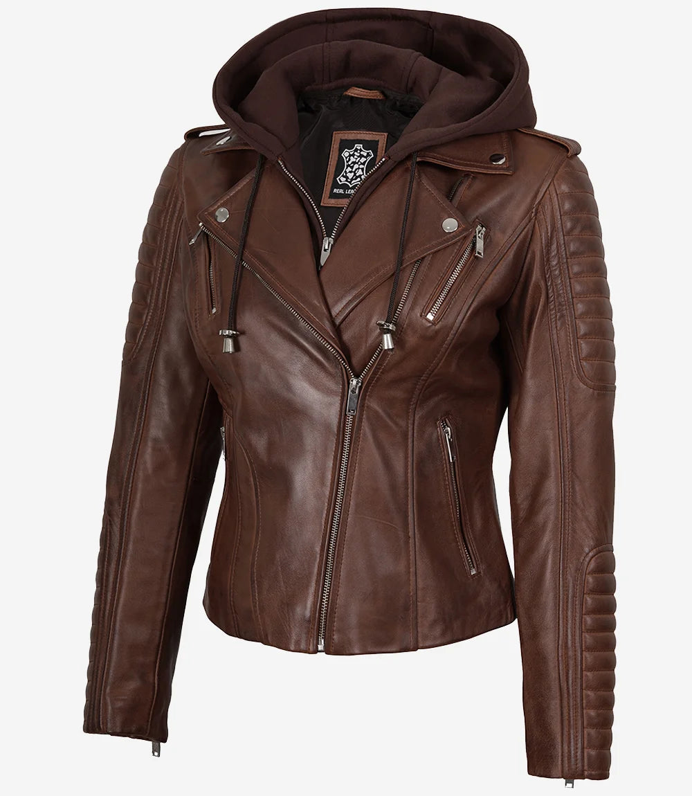 Veste en cuir style motard cognac pour femme avec capuche amovible