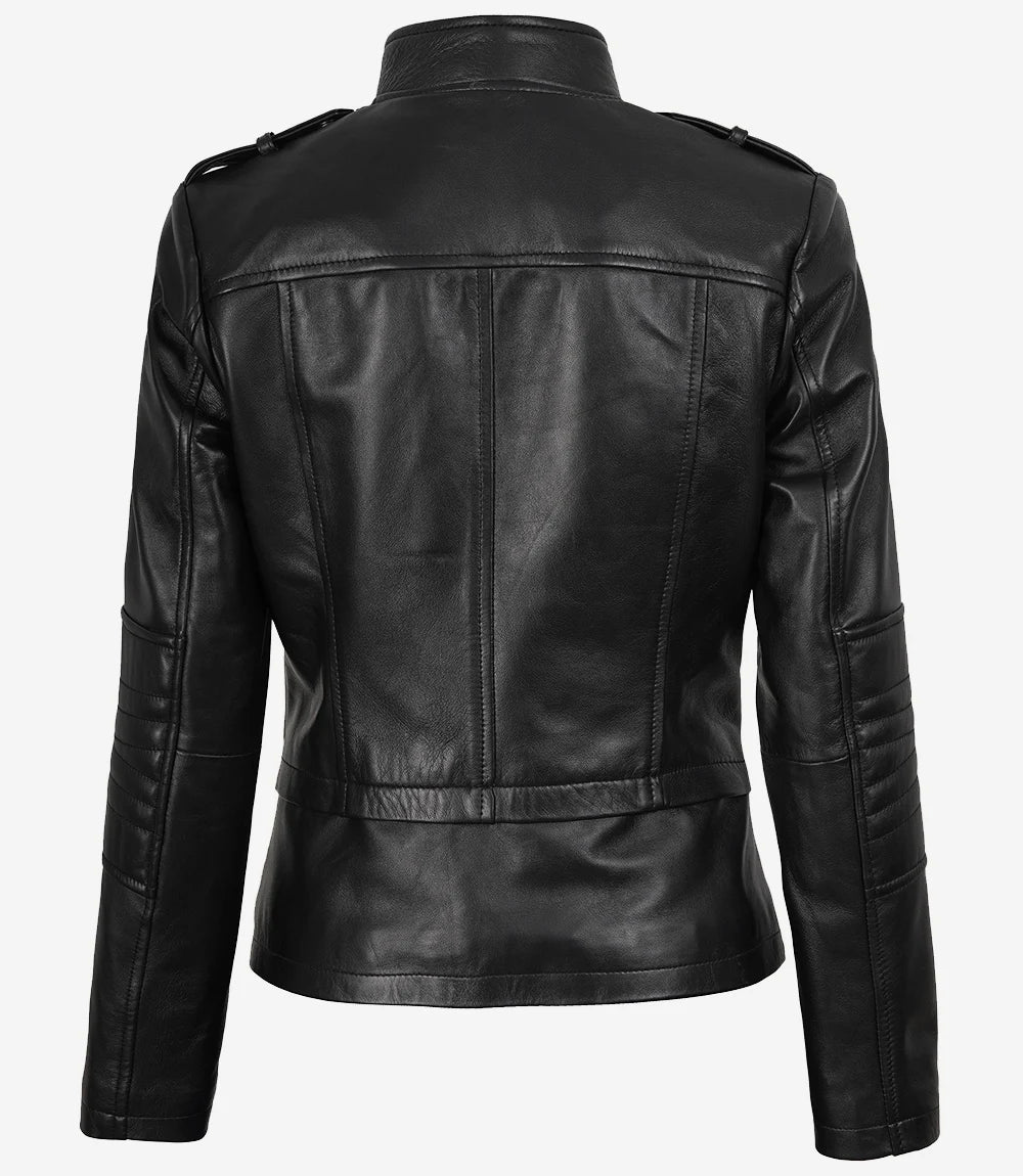 Veste style motard en cuir d'agneau noir pour femme