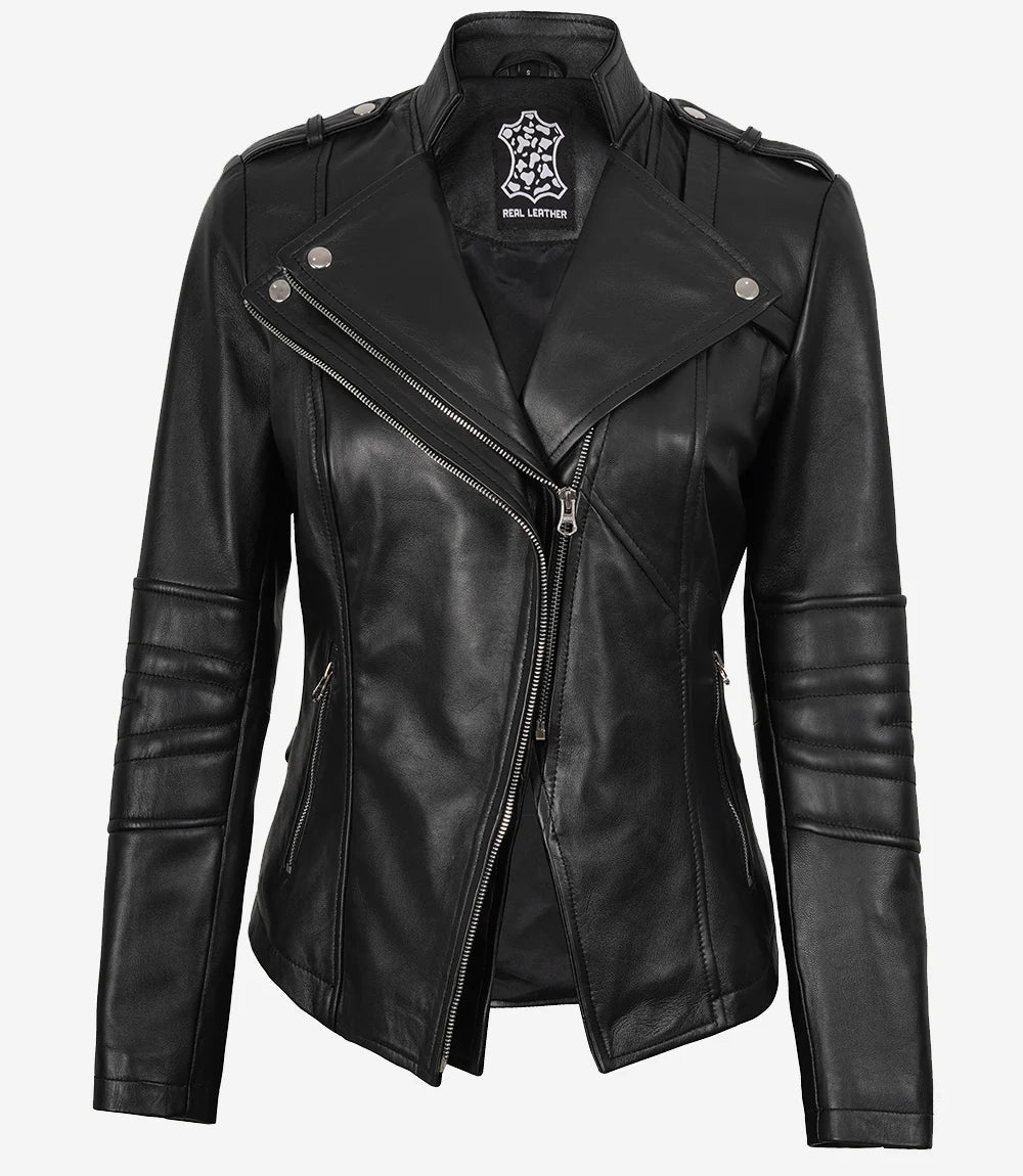 Veste style motard en cuir d'agneau noir pour femme