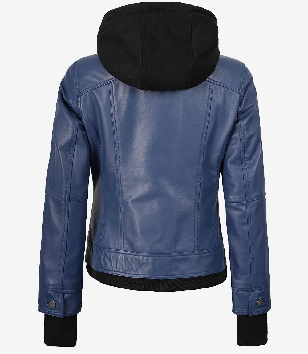 Blouson aviateur en cuir bleu pour femme avec capuche