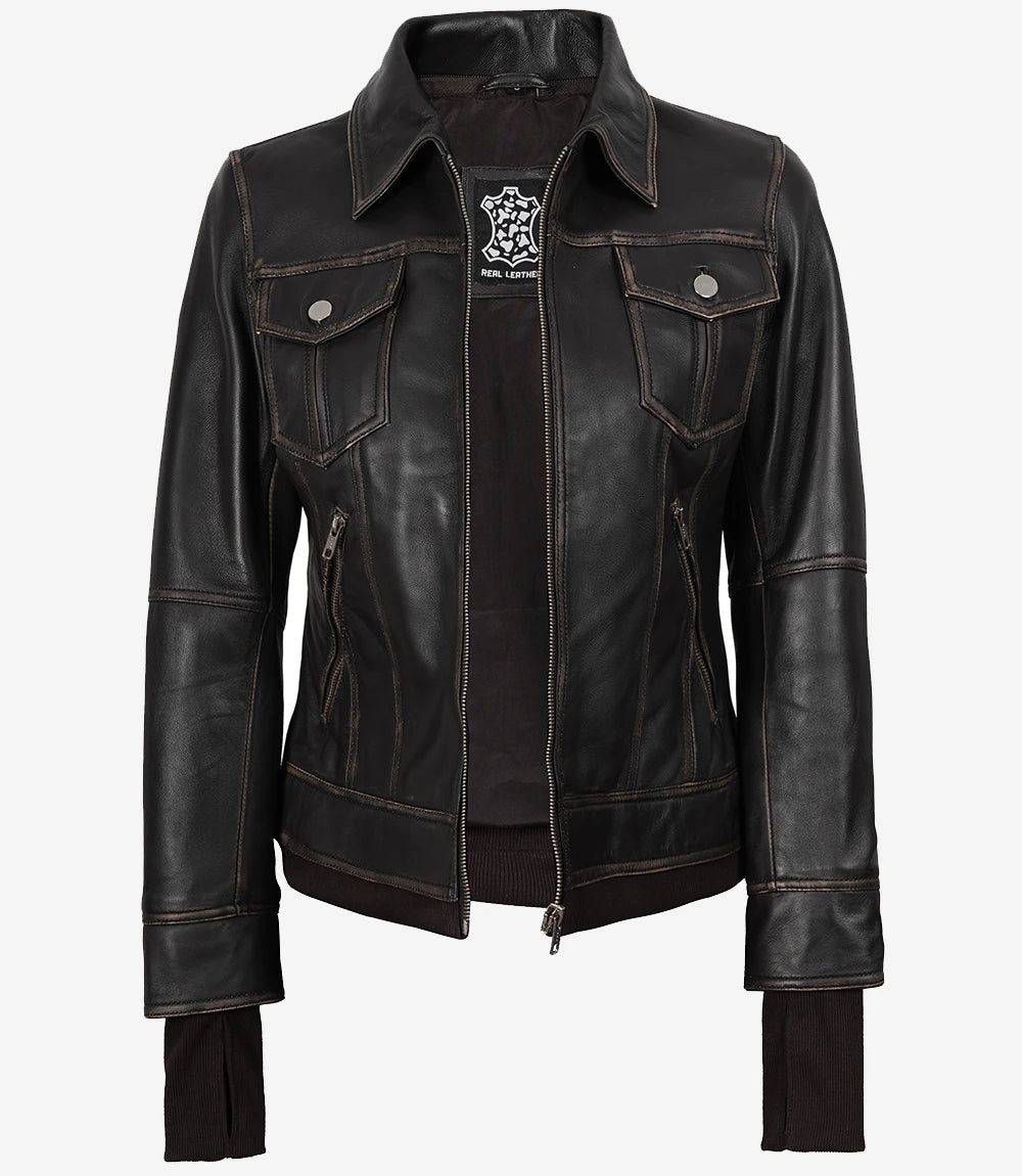 Blouson aviateur en cuir marron vieilli pour femme avec capuche amovible