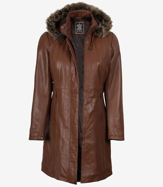 Manteau en cuir marron pour femme avec capuche amovible bordée de fourrure