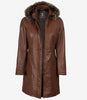 Manteau en cuir marron pour femme avec capuche amovible bordée de fourrure