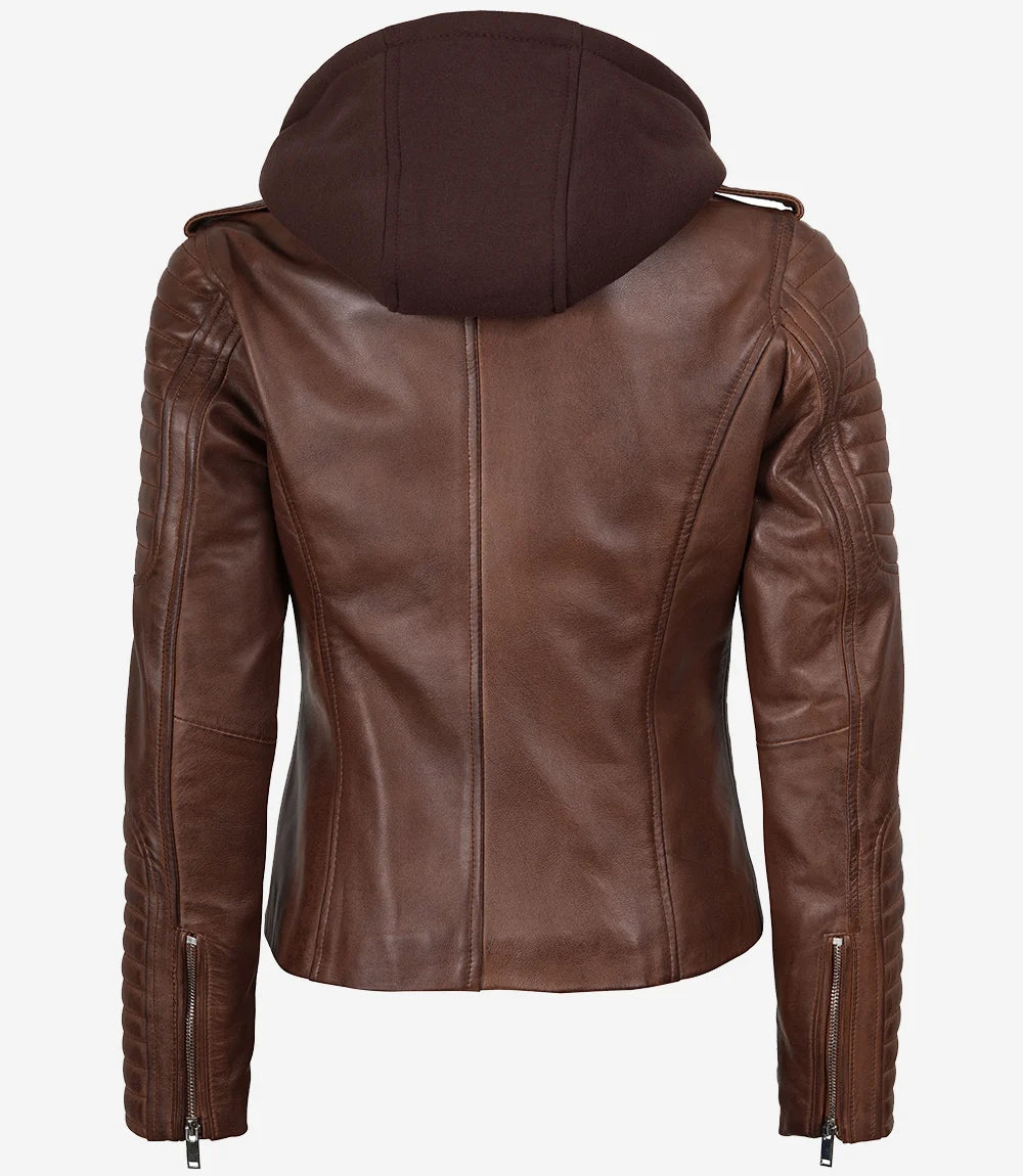 Veste en cuir style motard cognac pour femme avec capuche amovible