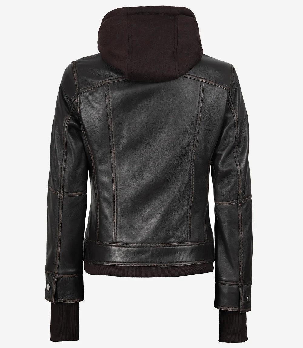 Blouson aviateur en cuir marron vieilli pour femme avec capuche amovible